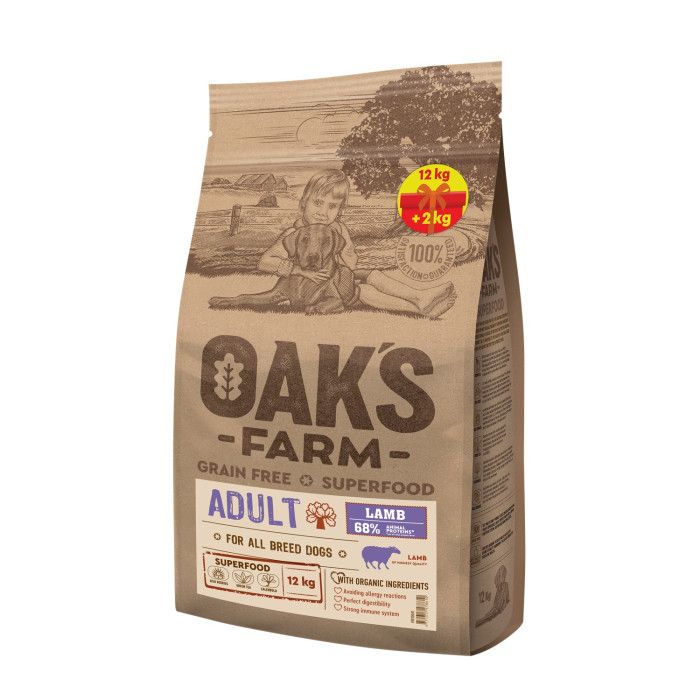 OAK'S FARM suaugusių visų veislių šunų sausas begrūdis pašaras su ėriena 