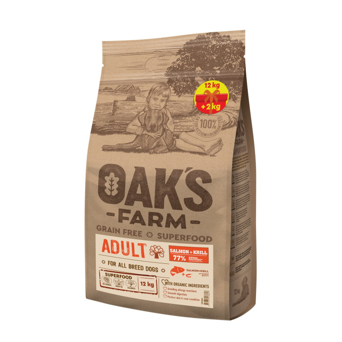 OAK'S FARM suaugusių visų veislių šunų sausas begrūdis pašaras su lašiša ir kriliu 