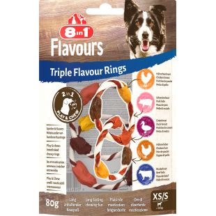 8IN1 Triple Flavour šunų pašaro papildas - skanėstai, su jautiena, vištiena ir kalakutiena, žiedo formos XS-S dydžio, 80 g