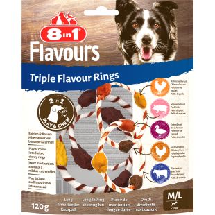 8IN1 Triple Flavour šunų pašaro papildas - skanėstai, su jautiena, vištiena ir kalakutiena, žiedo formos M-L dydžio, 120 g