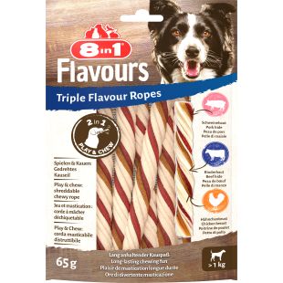 8IN1 Triple Flavour šunų pašaro papildas - skanėstai, su jautiena, vištiena ir kalakutiena, virvės formos 65 g