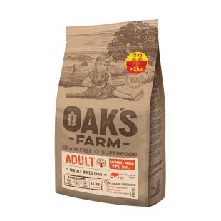 OAK'S FARM suaugusių visų veislių šunų sausas begrūdis pašaras su lašiša ir kriliu 12+2 kg