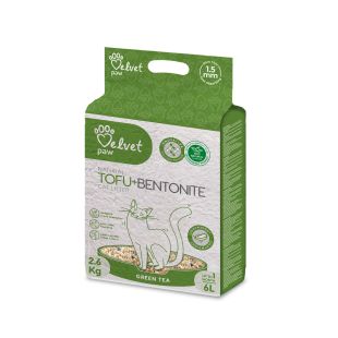 VELVET PAW TOFU kačių kraikas maišytas su bentonitu ir žaliosios arbatos ekstraktu 2.6 kg/6 l x 6