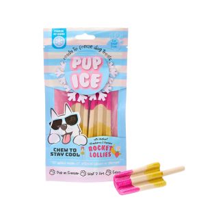 IMAGINELLES Pup Ice vidutinių veislių suaugusių šunų pašaro papildas - skanėstai, ledų formos  „Rocket Lollies“ braškių ir bananų skonio, 90 g, 2 vnt.