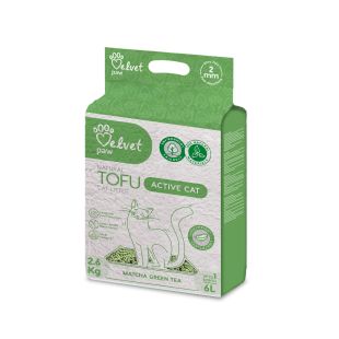 VELVET PAW TOFU aktyvių kačių kraikas, 2 mm granulės su žaliosios mačia arbatos esencija, 2.6 kg / 6 l