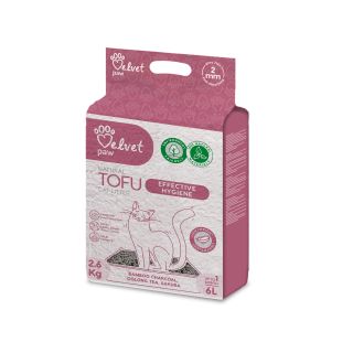 VELVET PAW TOFU kačių kraikas efektyviai higienai, 2 mm granulės su bambuko anglimi, ulongo arbatos ir sakuros esencija, 2,6 kg / 6 l