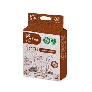 VELVET PAW TOFU sterilizuotų kačių kraikas, 1,5 mm granulės su kokoso anglimi, kokosų ir migdolų esencija, 2,6 kg / 6 l