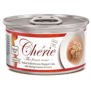 CHERIE Signature Gravy konservuotas suaugusių kačių pašaras su tunu ir krevetėmis padaže 80 g