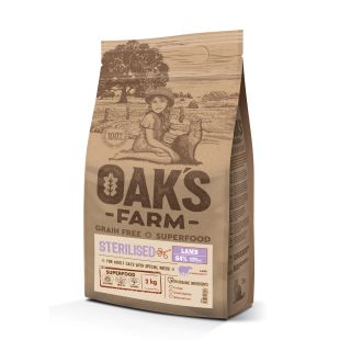 OAK'S FARM suaugusių sterilizuotų kačių begrūdis sausas pašaras su ėriena 2 kg