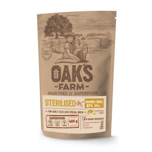 OAK'S FARM suaugusių sterilizuotų kačių begrūdis sausas pašaras su lašiša ir kriliumi 400 g