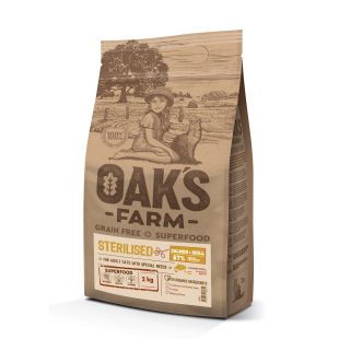 OAK'S FARM suaugusių sterilizuotų kačių begrūdis sausas pašaras su lašiša ir kriliumi 2 kg