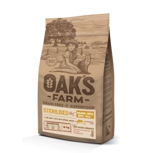 OAK'S FARM suaugusių sterilizuotų kačių begrūdis sausas pašaras su lašiša ir kriliumi 11kg + 7kg